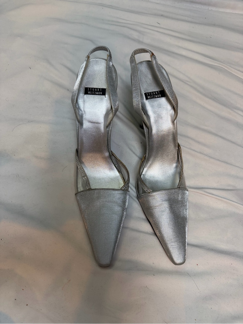 Vintage AAAA Sz 9 Stuart Weitzman Silver Pointed-Toe Slingback Heels